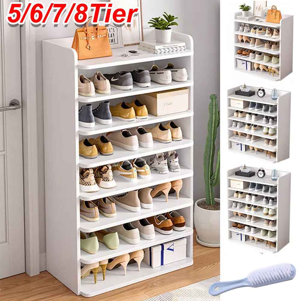 5-8 Tier White Wooden Hallway Shoe Rack Open Shelves Shoe Cabinet Storage Unit