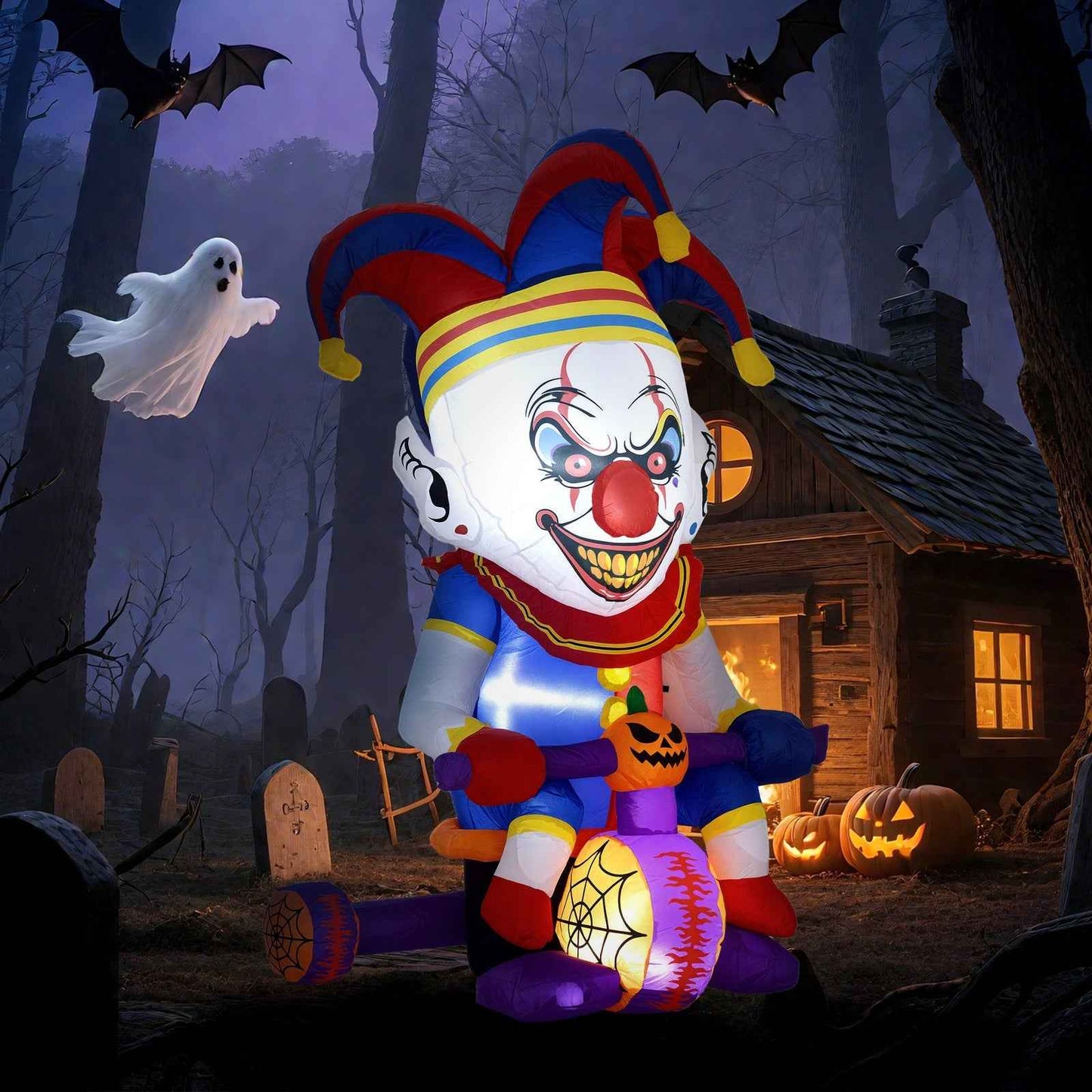 4ft Blow Up Halloween Inflatable Clown on Bicycle with 3 Built-in LED Lights