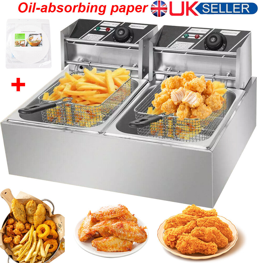 20L 5000W Commercial Electric Deep Fryer Fat Chip Twin Dual Tank Stainless Steel