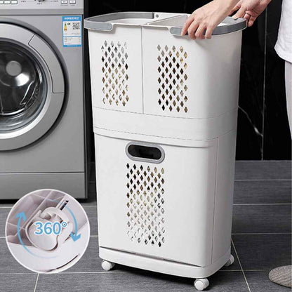 3 Compartment Storage Clothes Hamper Toy Bin Washing Laundry Basket On Wheels UK