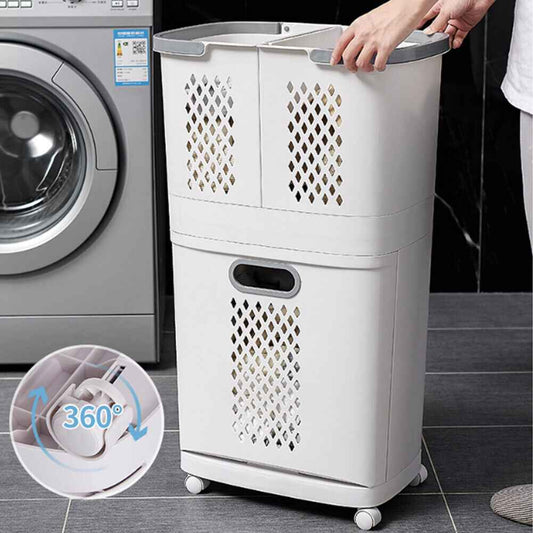 3 Compartment Storage Clothes Hamper Toy Bin Washing Laundry Basket On Wheels UK