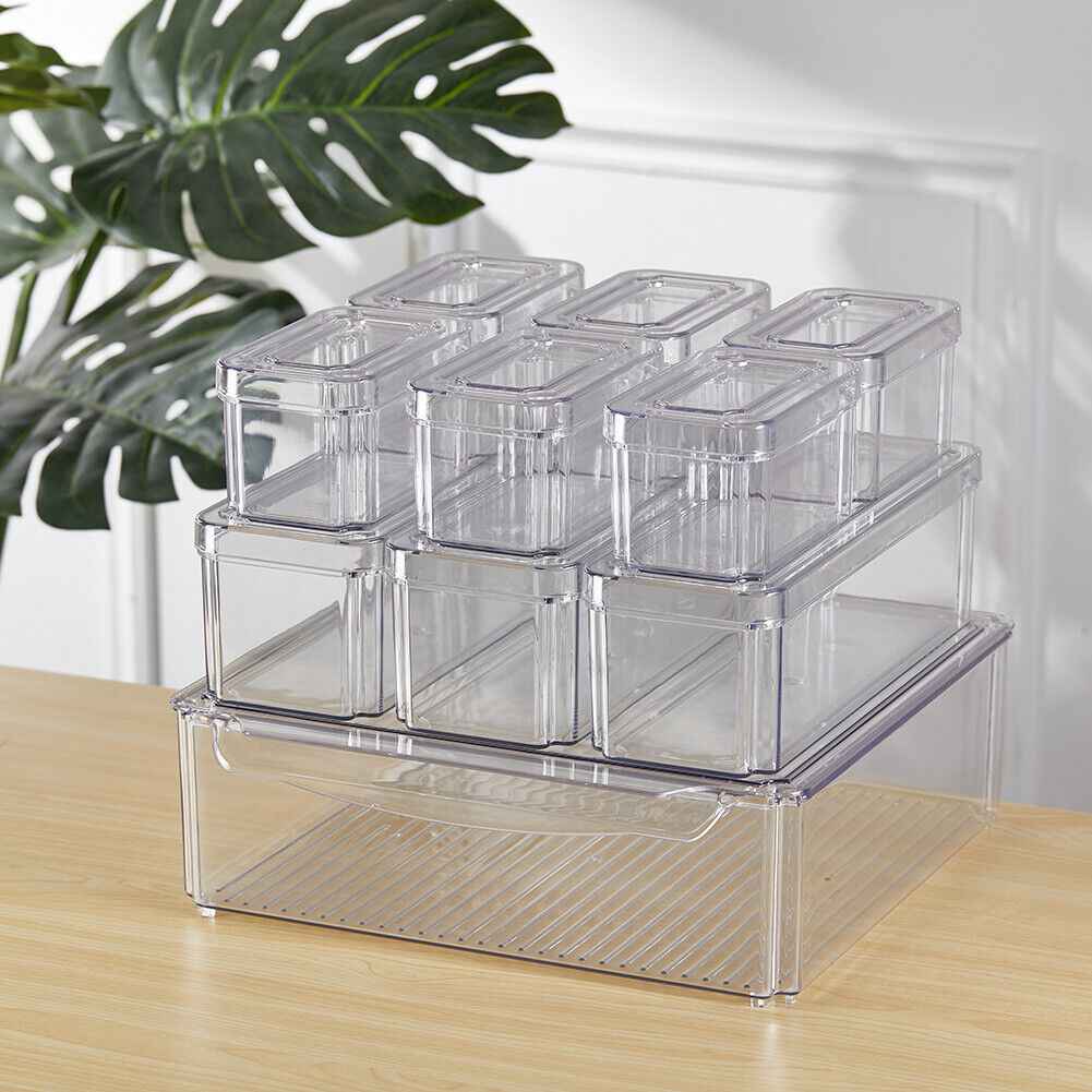S/M/L Clear Plastic Fridge Storage Box Cupboard Organiser Fruit Veg Rack 3-10Pcs