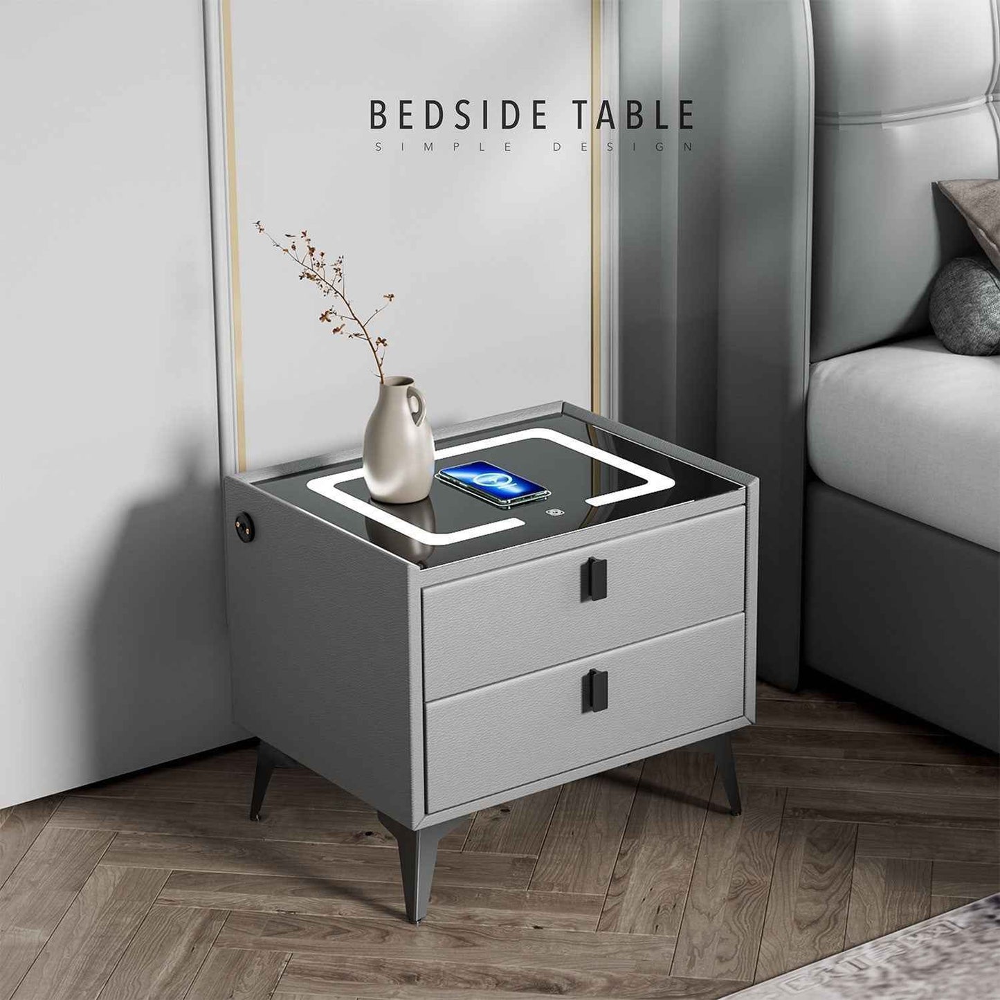 LED Bedside Table with 2 Drawers Cabinet Charging Station Nightstand Storage Gyd