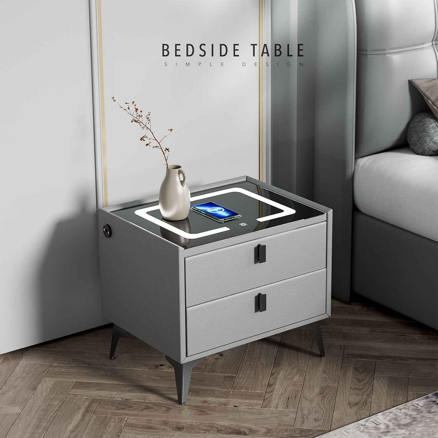 LED Bedside Table with 2 Drawers Cabinet Charging Station Nightstand Storage Gyd
