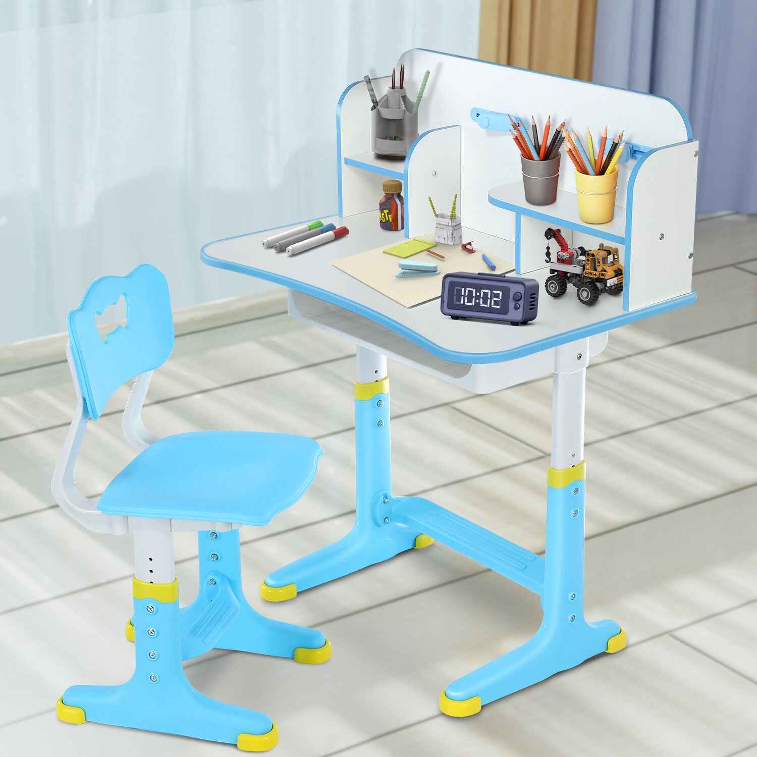 Kids Desk and Chair Set Height Adjustable Study Table W/ Storage Book Stand