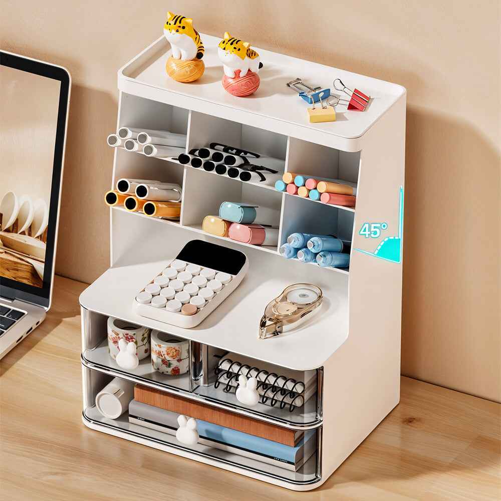 2 Drawers 6 Grids Desk Stationary Storage Box Home Office Desktop Organiser Box