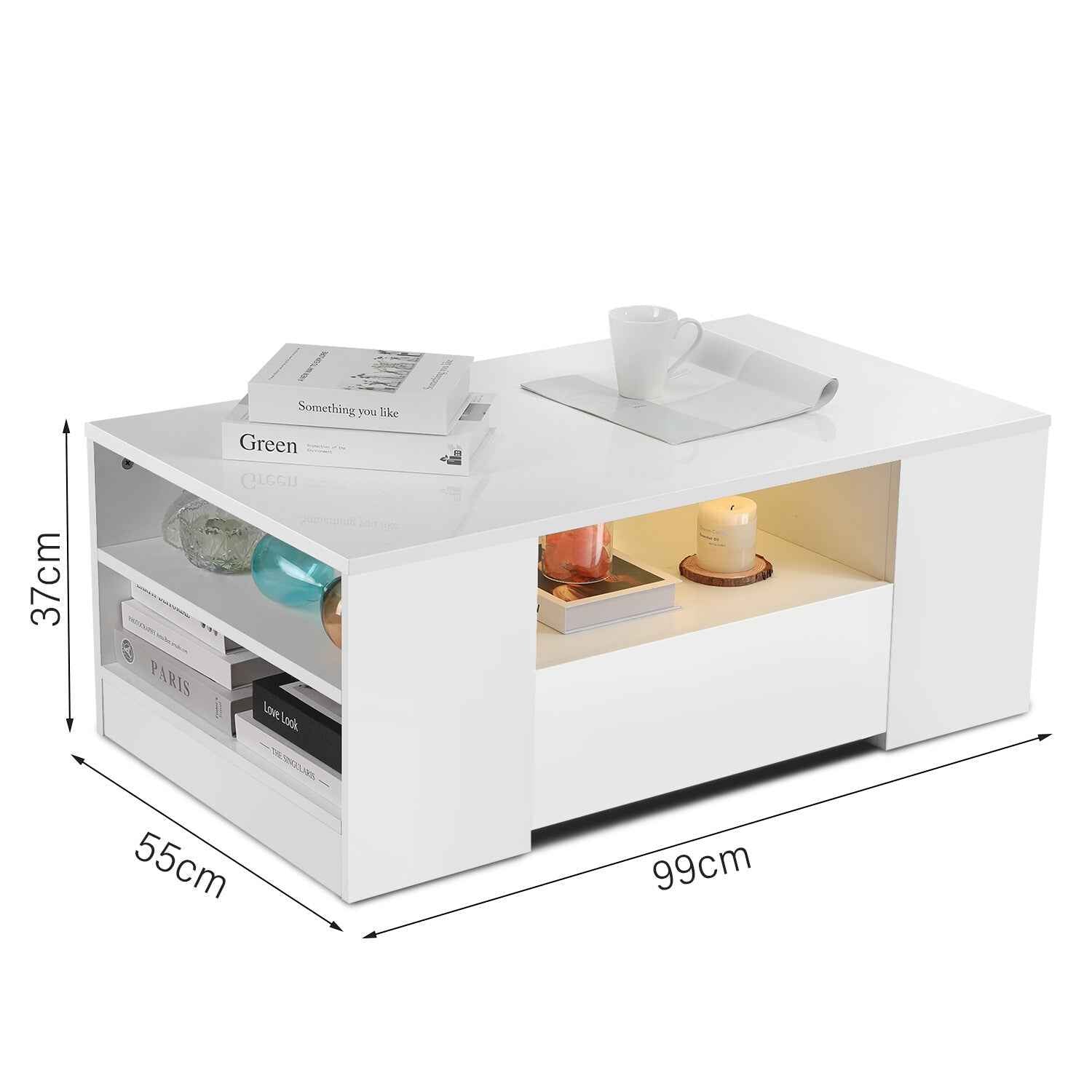 LED Coffee Table Wooden 2 Drawer Storage High Gloss Modern Living Room Furniture