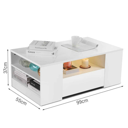 LED Coffee Table Wooden 2 Drawer Storage High Gloss Modern Living Room Furniture