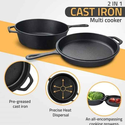 2in1 Combo Cooker Pre Seasoned Dutch Oven Pot Cast Iron Frying Pans Griddle 3Ltr