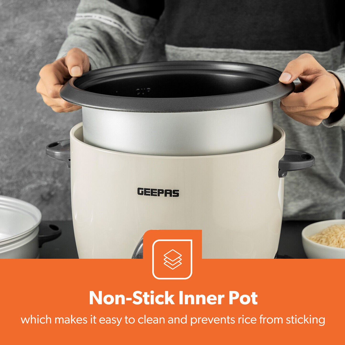 GEEPAS Electric Rice Cooker Steamer Pot 3 in 1 Cooking Non Stick Keep Warm