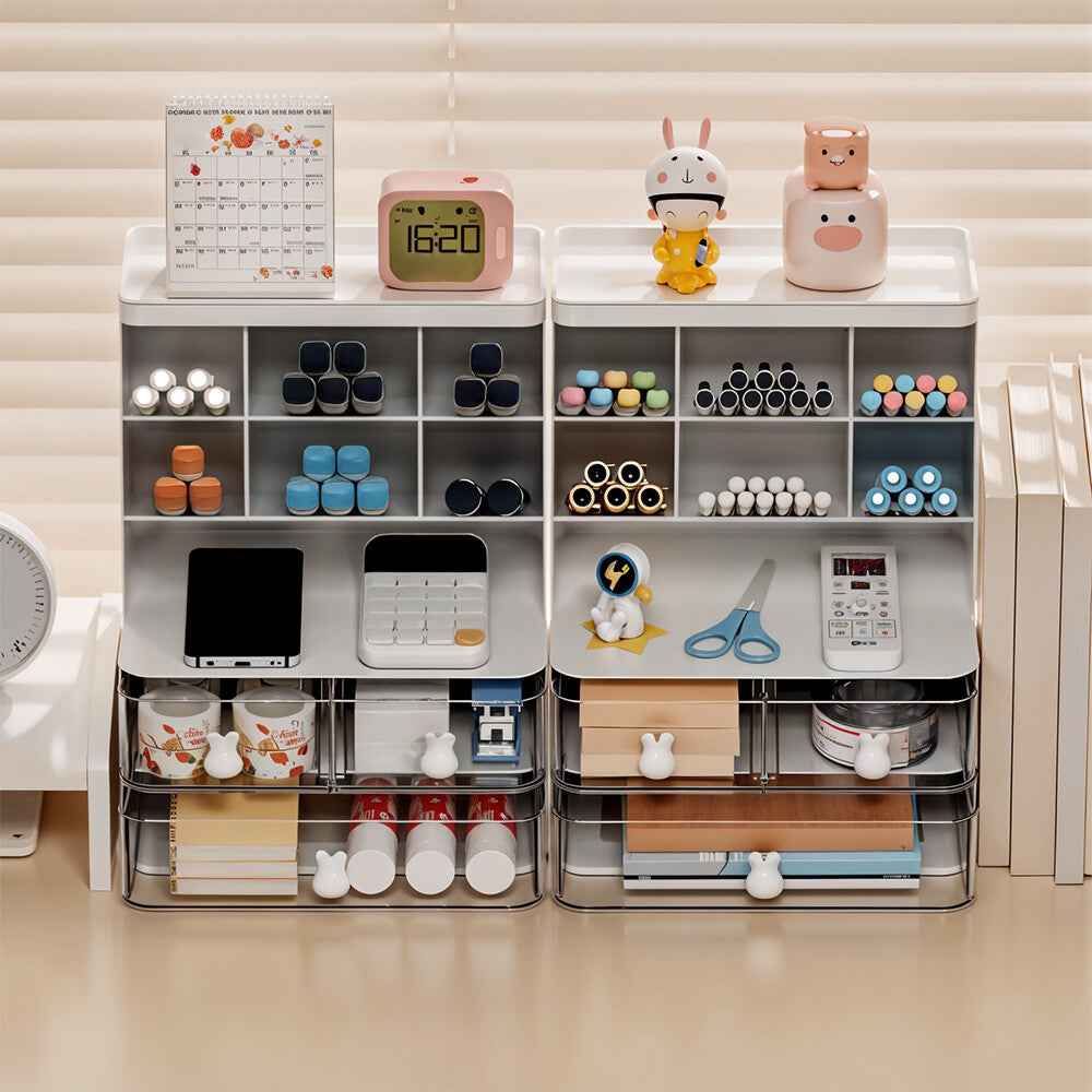 2 Drawers 6 Grids Desk Stationary Storage Box Home Office Desktop Organiser Box