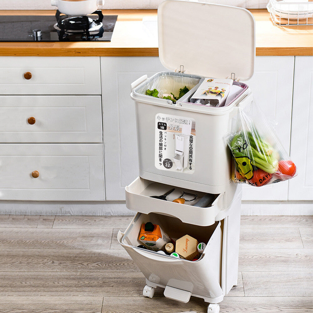 Large 3 Compartment Waste Recycling Bin Kitchen Rubbish Trash Can Pedal Dustbins