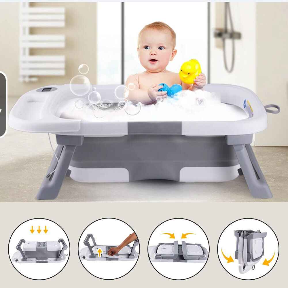 Foldable Baby Bath Tub Ergonomic with Temperature & Cushion Bath Pad + Bath Net