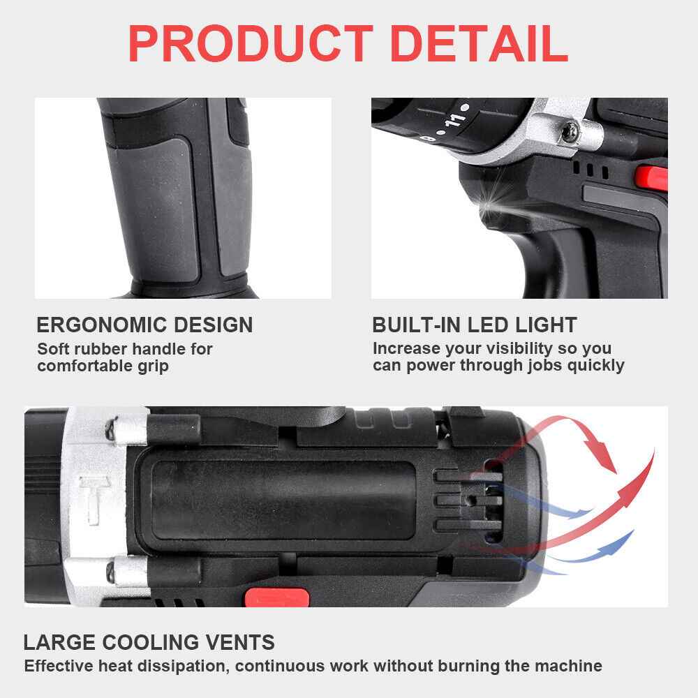 36V 2-Speed Electric Cordless Drill Screwdriver Hammer Impact w/ 2 Battery Kits