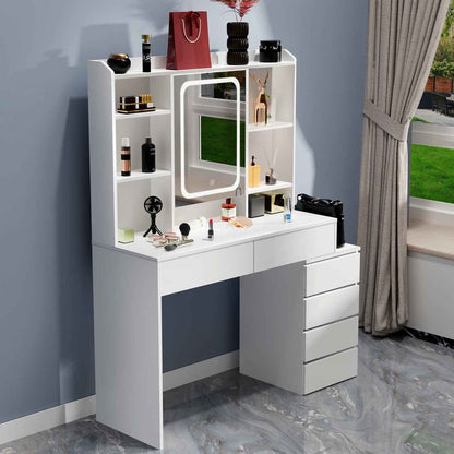 White Dressing Table Wood Makeup Desk with LED Mirror 7 Drawers Stool Bedroom