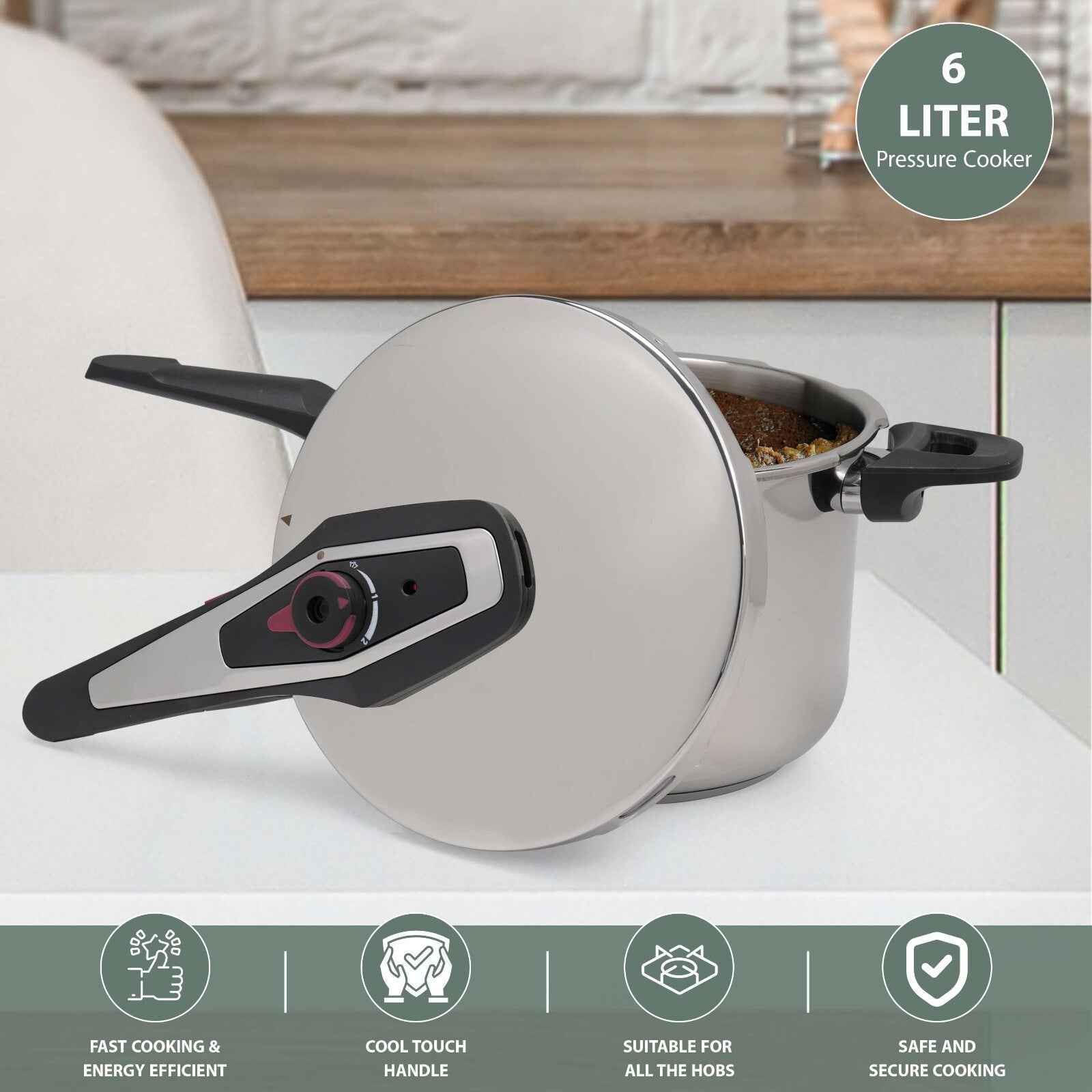 4/6 Litre Dual Handle Stainless Steel Pressure Cooker Kitchen Catering Cookware