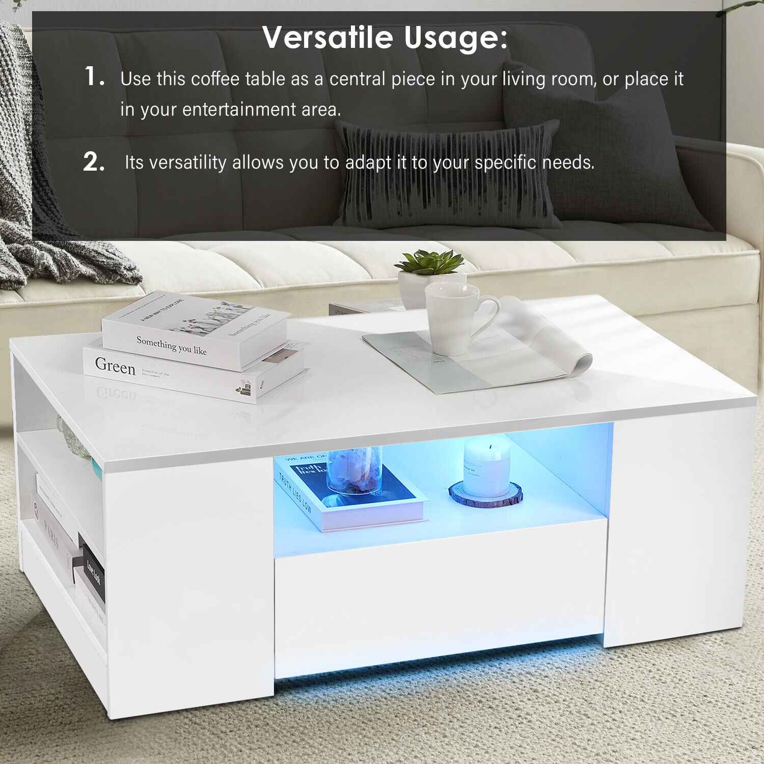 LED Coffee Table Wooden 2 Drawer Storage High Gloss Modern Living Room Furniture