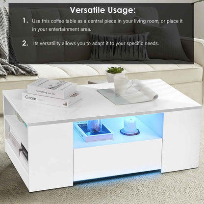 LED Coffee Table Wooden 2 Drawer Storage High Gloss Modern Living Room Furniture