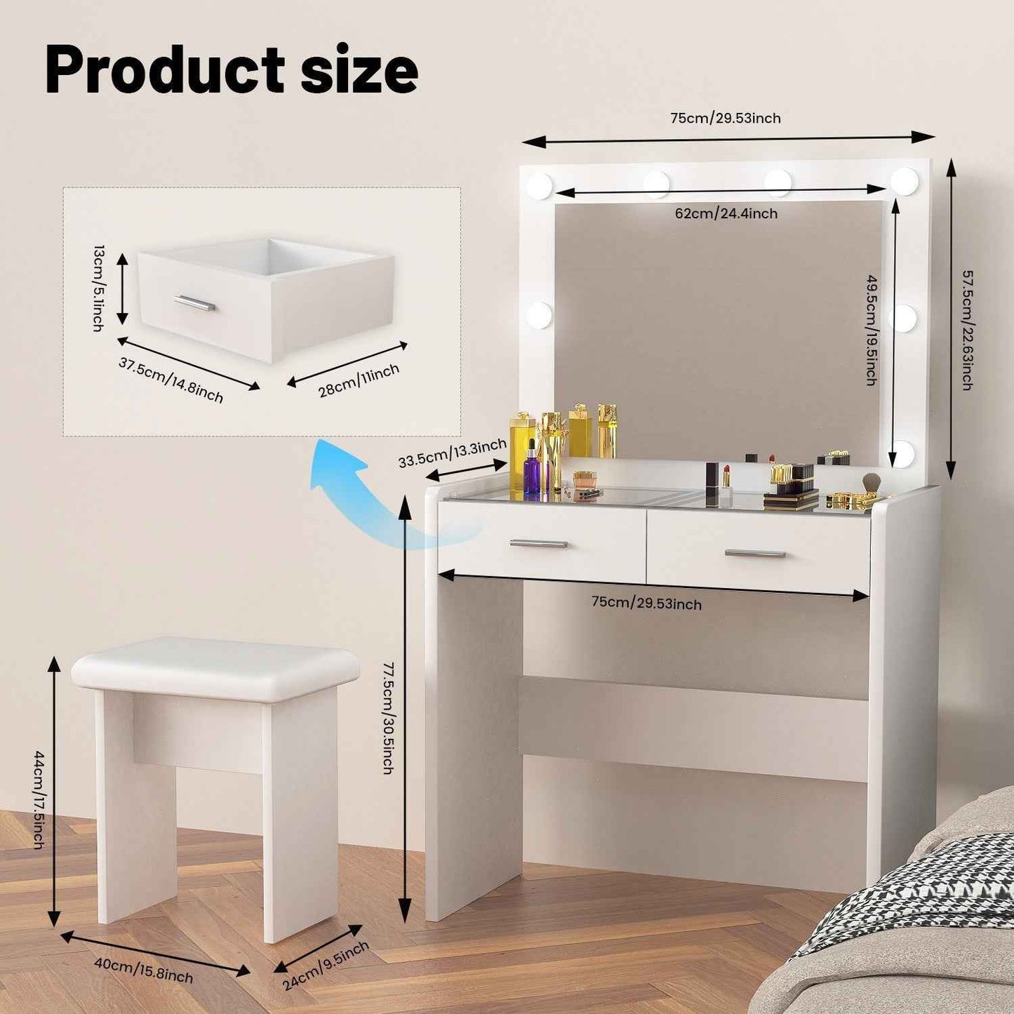 Vanity Desk with Mirror Lights Glass Top Dressing Table w/ 2 Drawers & Stool Uam