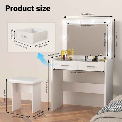 Vanity Desk with Mirror Lights Glass Top Dressing Table w/ 2 Drawers & Stool Uam