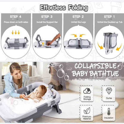 Foldable Baby Bath Tub Ergonomic with Temperature & Cushion Bath Pad + Bath Net