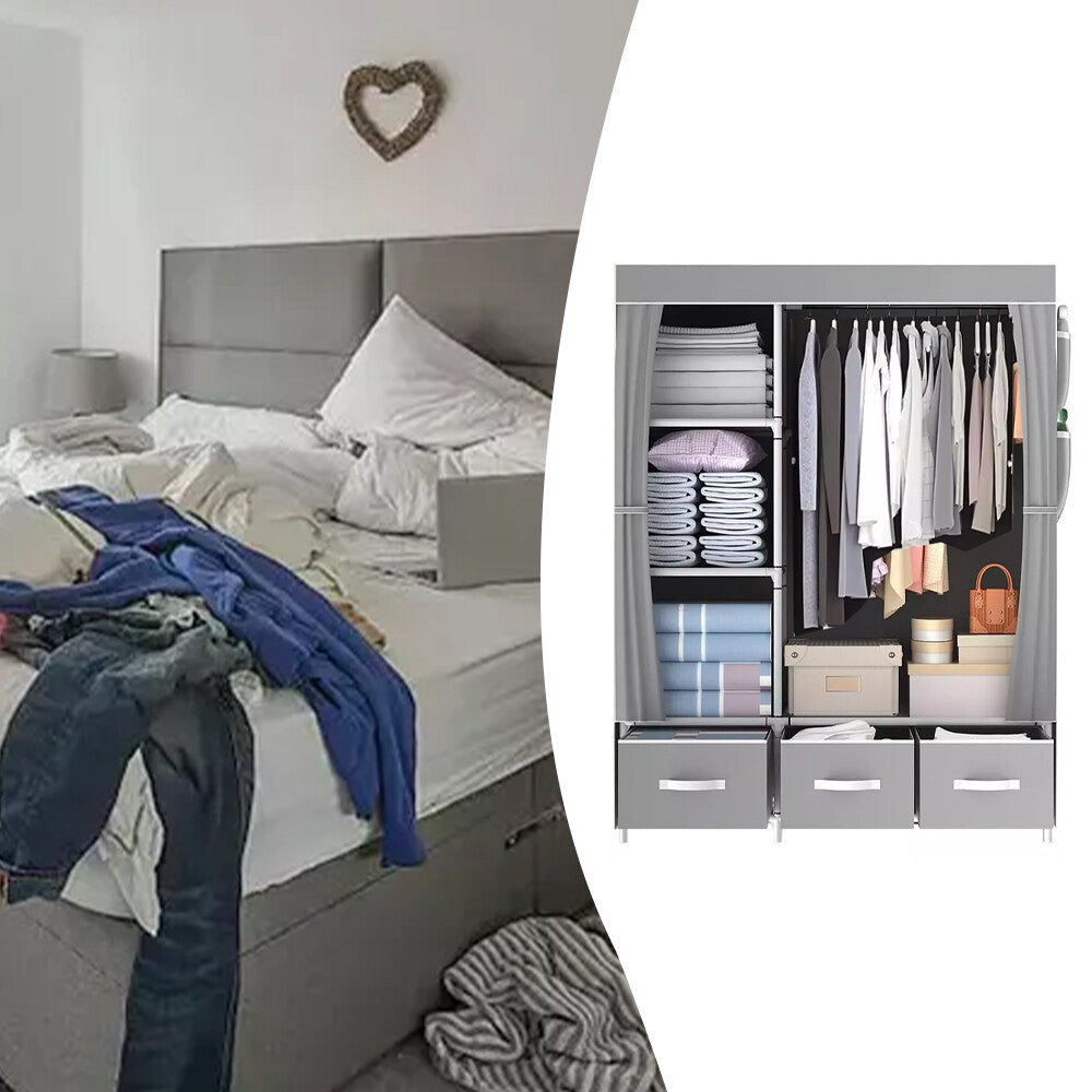 Large Fabric Canvas Wardrobe with Clothes Hanging Rail Shelving Storage Closet