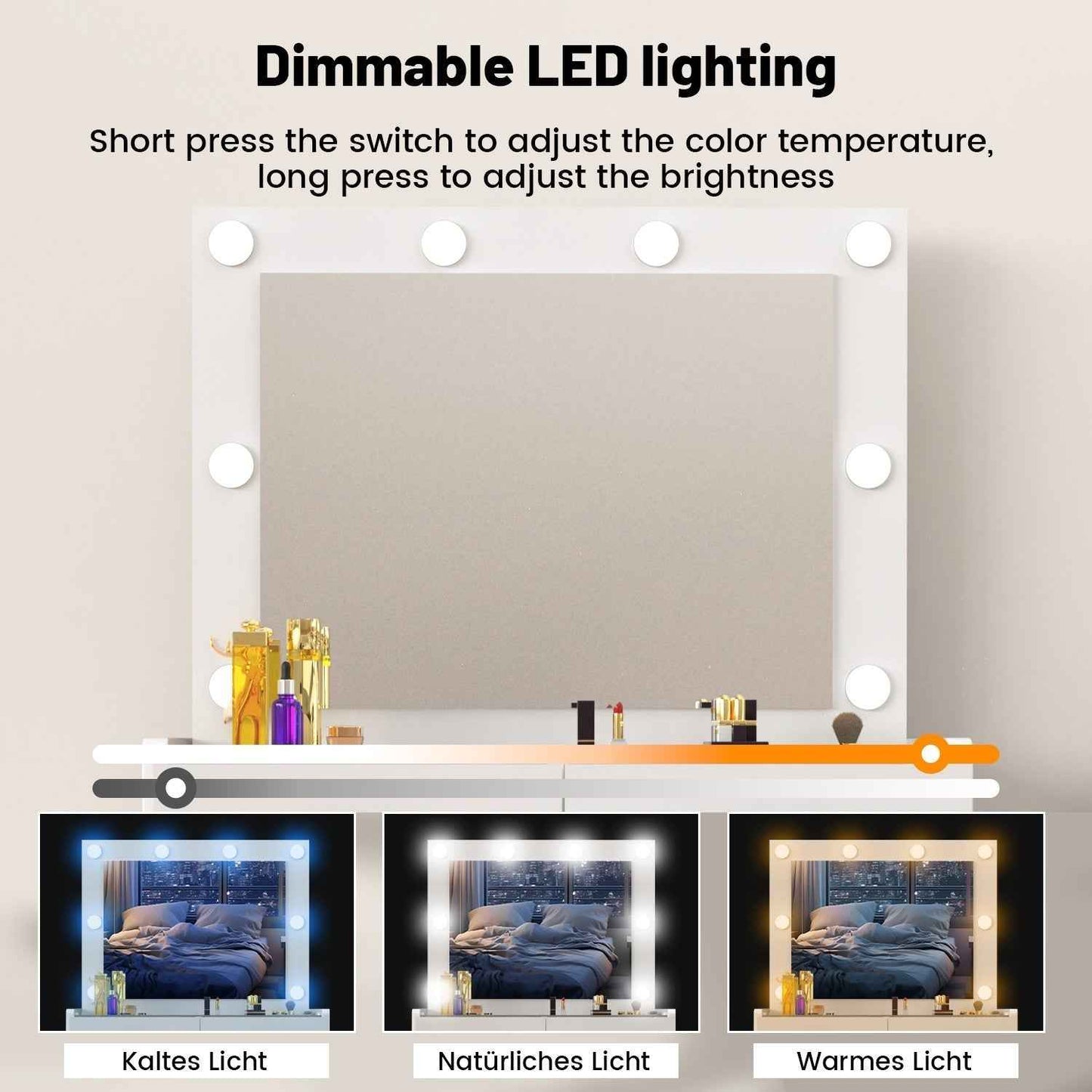 Vanity Desk with Mirror Lights Glass Top Dressing Table w/ 2 Drawers & Stool Uam