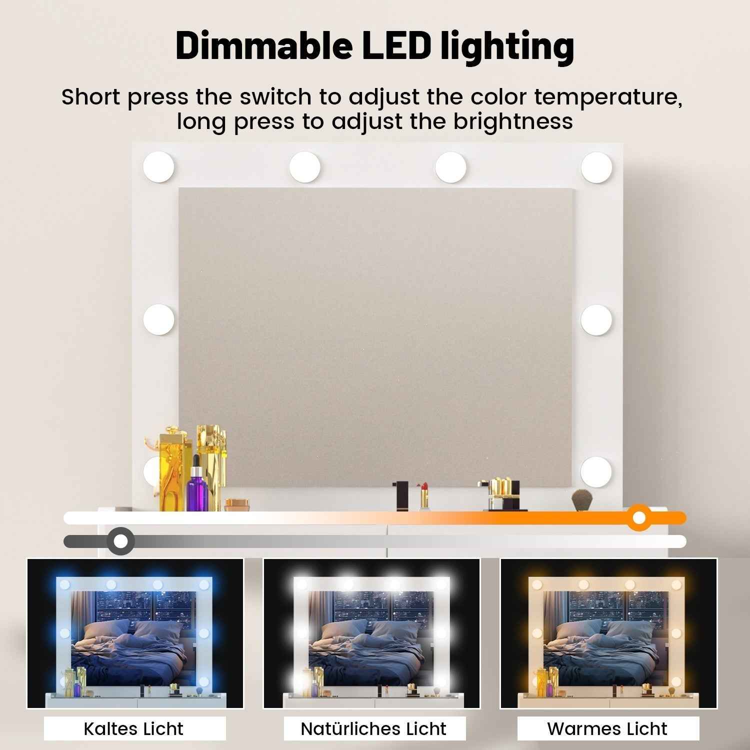 Vanity Desk with Mirror Lights Glass Top Dressing Table w/ 2 Drawers & Stool Uam