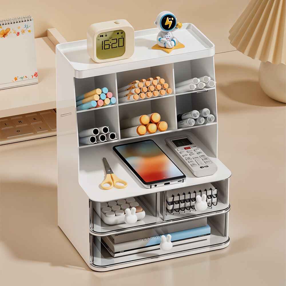 2 Drawers 6 Grids Desk Stationary Storage Box Home Office Desktop Organiser Box