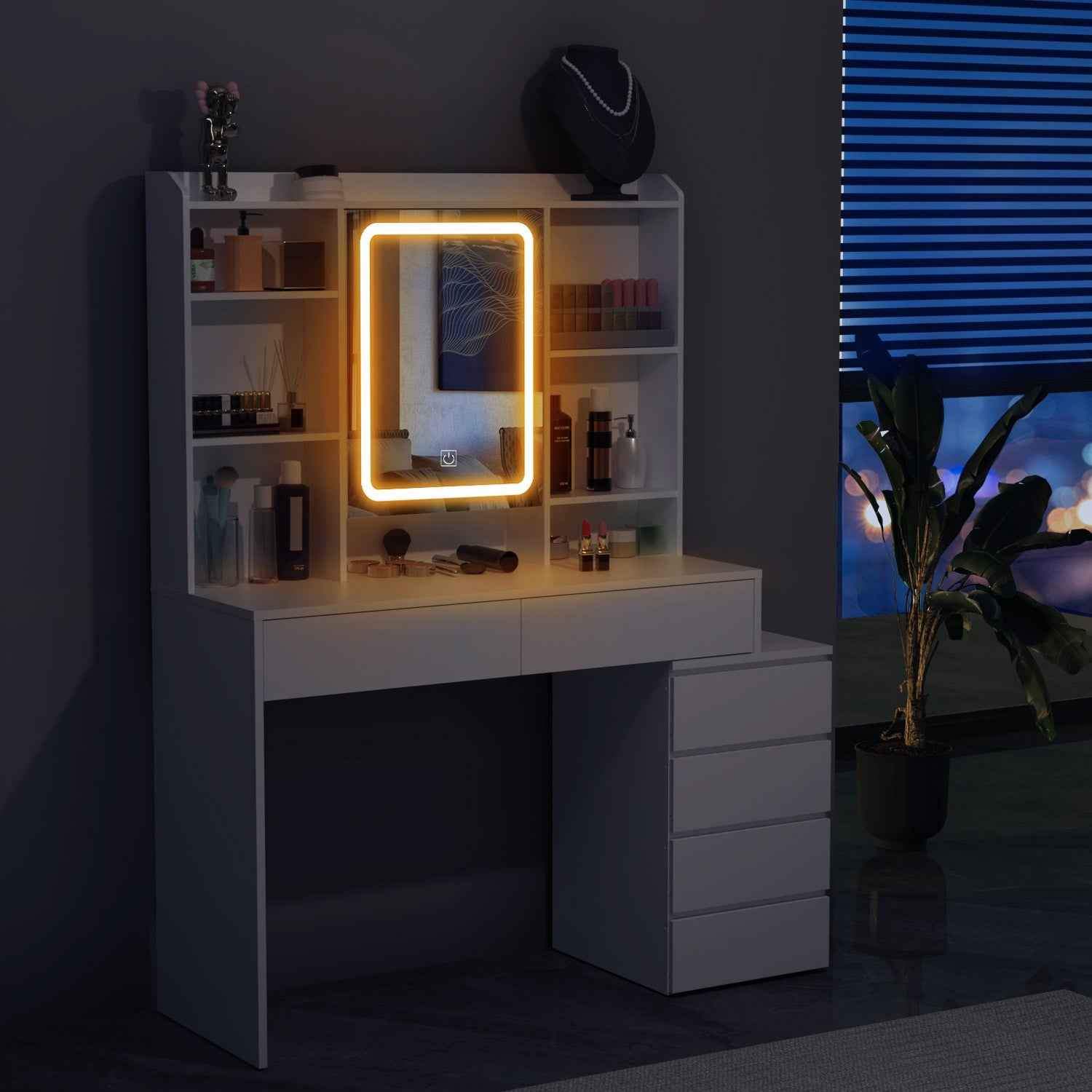 White Dressing Table Wood Makeup Desk with LED Mirror 7 Drawers Stool Bedroom