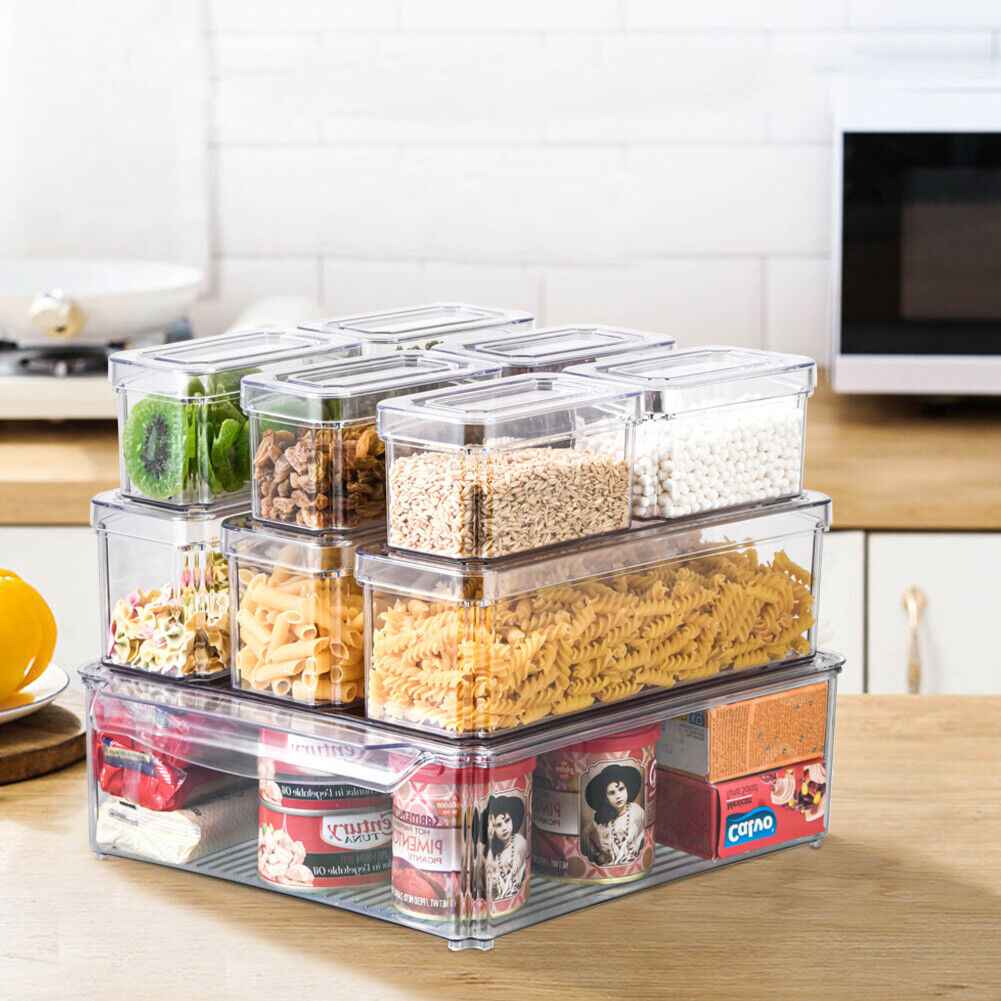 S/M/L Clear Plastic Fridge Storage Box Cupboard Organiser Fruit Veg Rack 3-10Pcs