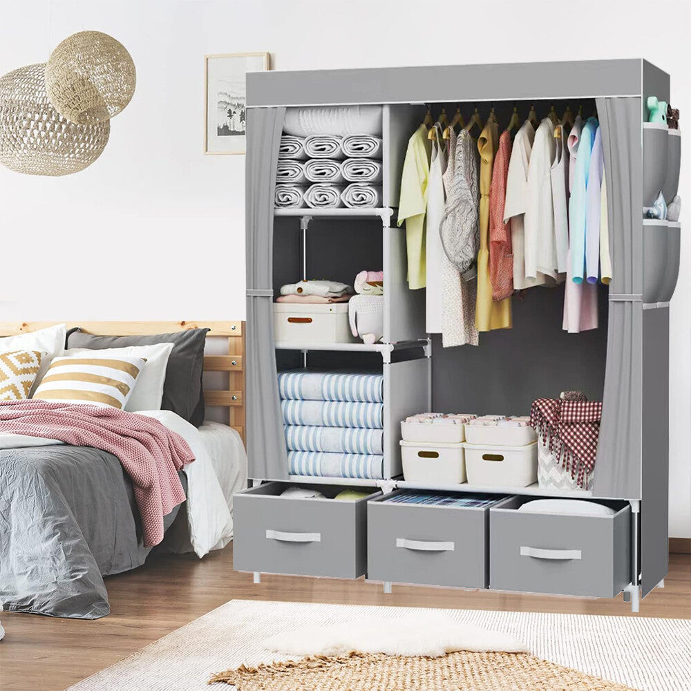 Large Fabric Canvas Wardrobe with Clothes Hanging Rail Shelving Storage Closet