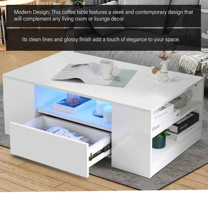 LED Coffee Table Wooden 2 Drawer Storage High Gloss Modern Living Room Furniture