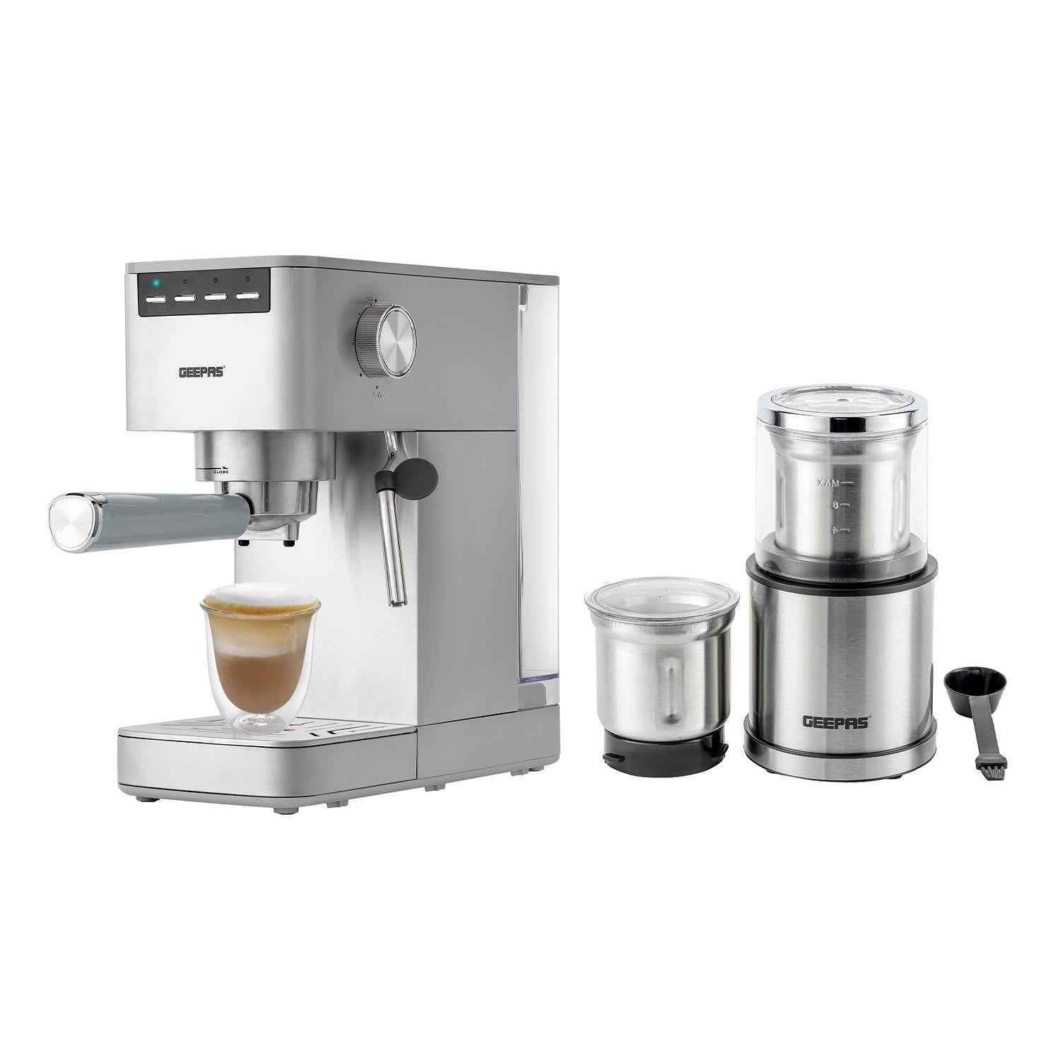 GEEPAS 1450W Espresso Cappuccino Coffee Machine & 200W Coffee Spice Grinder Set