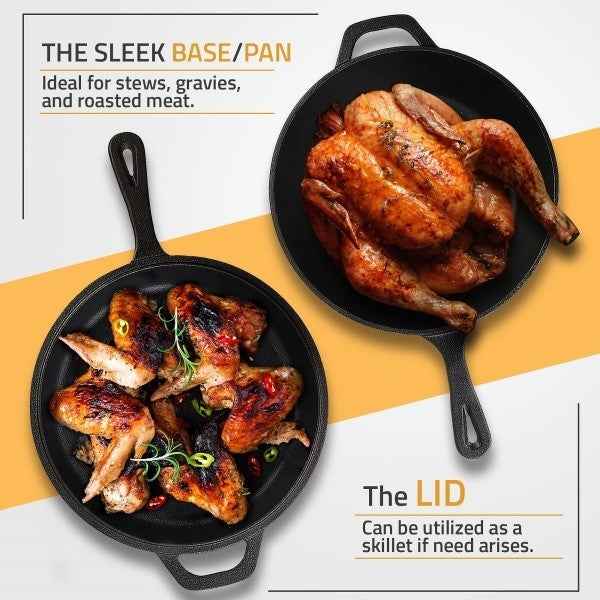 2in1 Combo Cooker Pre Seasoned Dutch Oven Pot Cast Iron Frying Pans Griddle 3Ltr