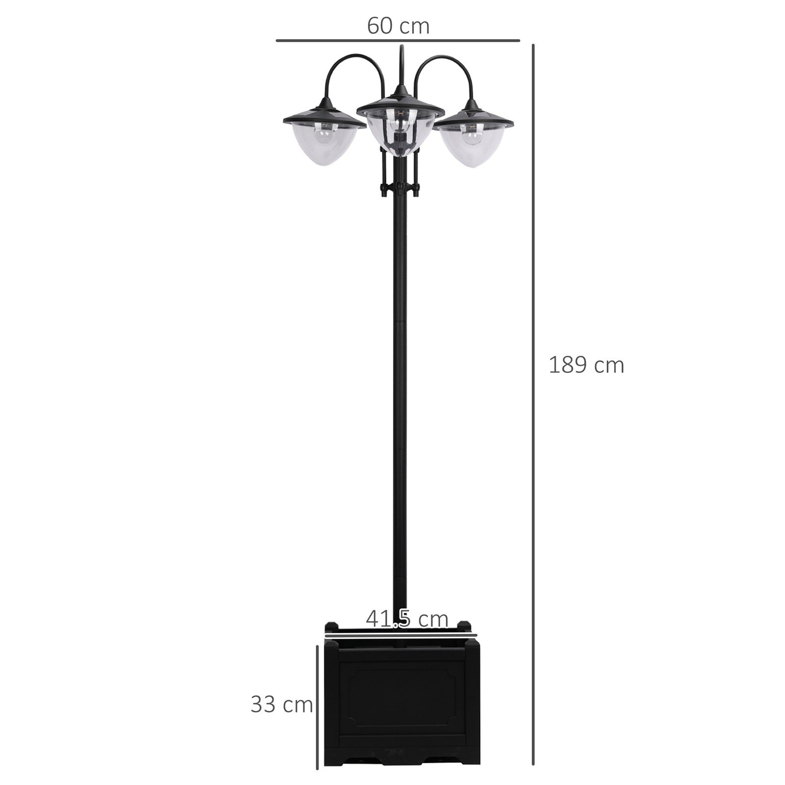 3-head LED Solar Light Lamp Street Light Post with Planter Base, Black