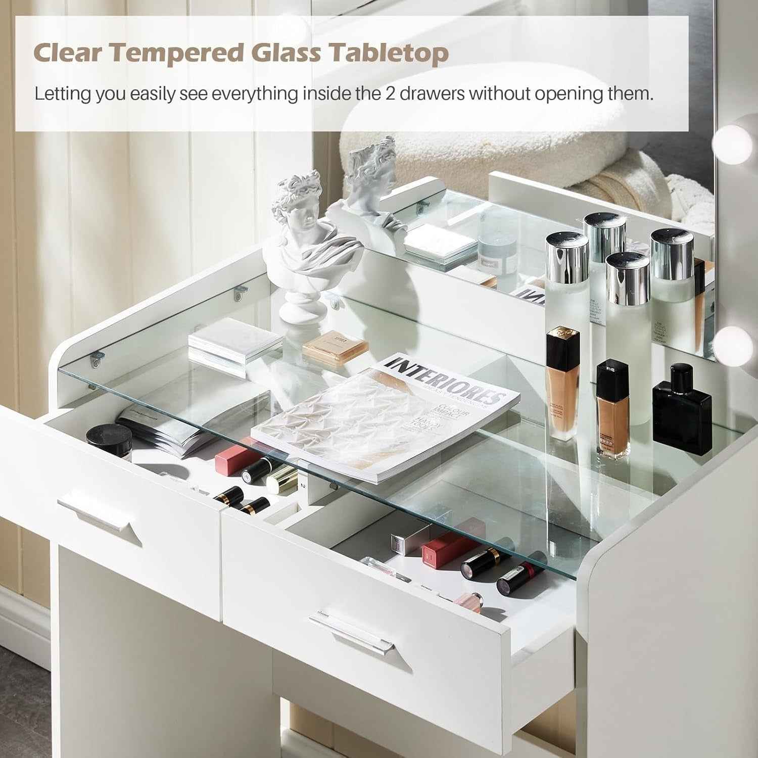 Vanity Desk with Mirror Lights Glass Top Dressing Table w/ 2 Drawers & Stool Uam