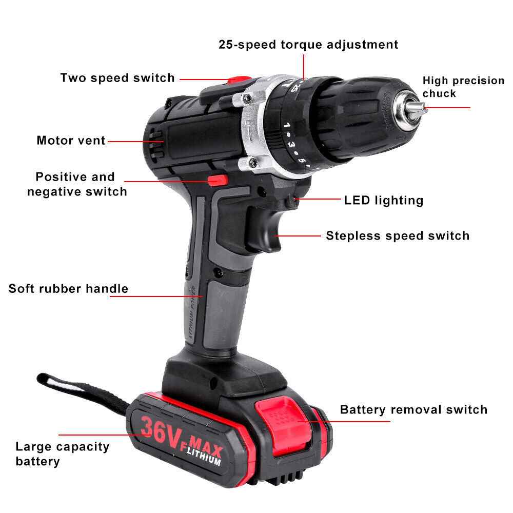 36V 2-Speed Electric Cordless Drill Screwdriver Hammer Impact w/ 2 Battery Kits