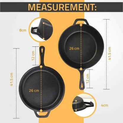 2in1 Combo Cooker Pre Seasoned Dutch Oven Pot Cast Iron Frying Pans Griddle 3Ltr