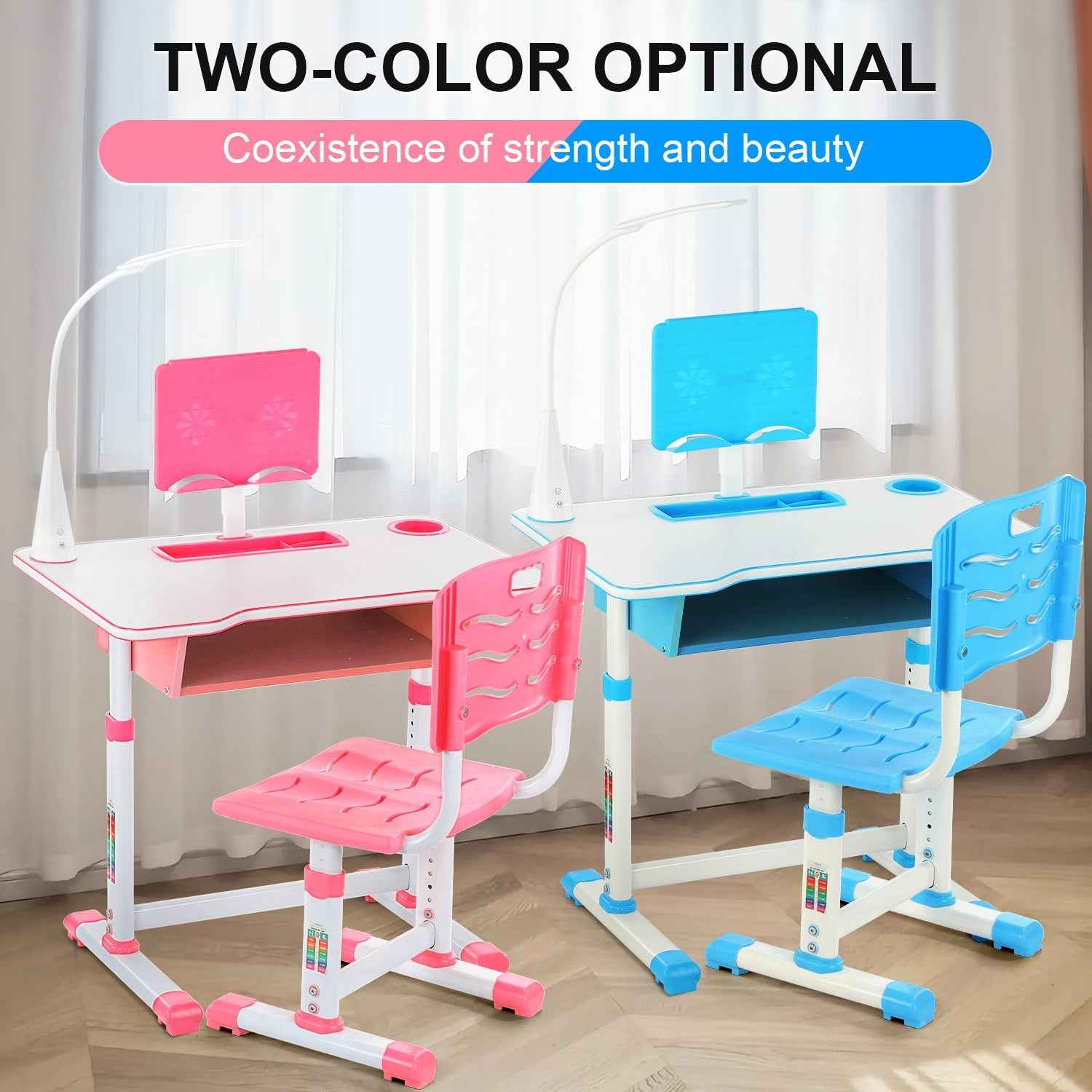 Kids Children Study Table & Chair Writing Desk Set With Lamp - Height Adjustable