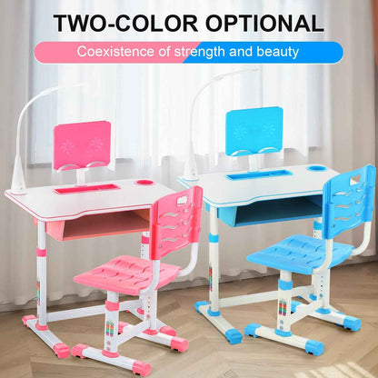 Kids Children Study Table & Chair Writing Desk Set With Lamp - Height Adjustable