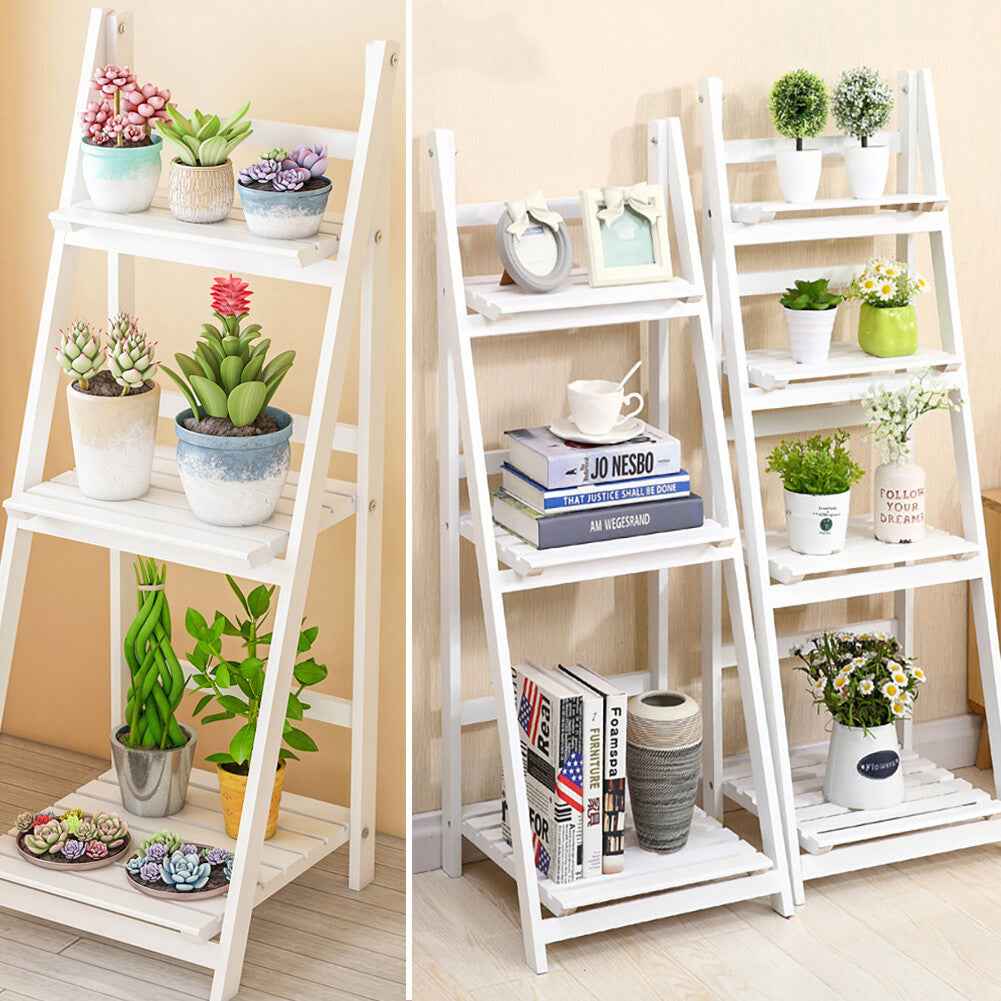 3/4 Tier Folding Wooden Ladder Shelf Flower Pot Holder Plant Stand Rack Storage