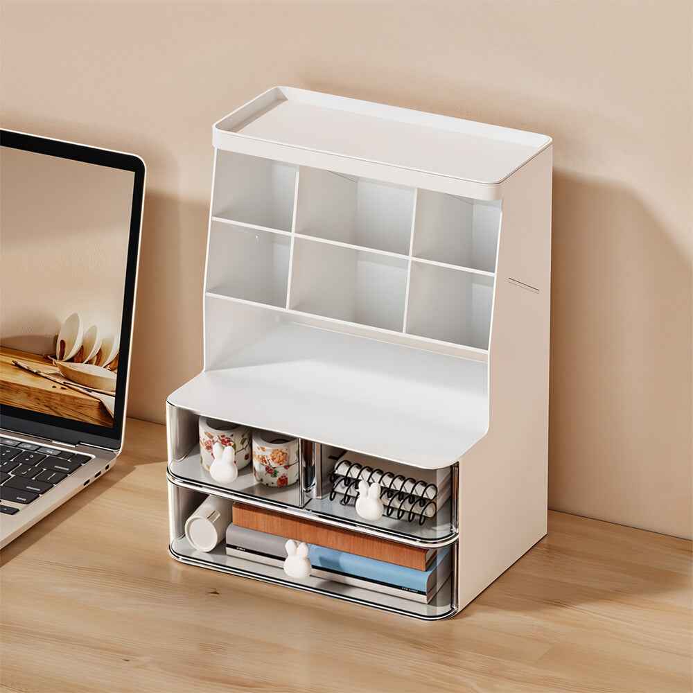 2 Drawers 6 Grids Desk Stationary Storage Box Home Office Desktop Organiser Box
