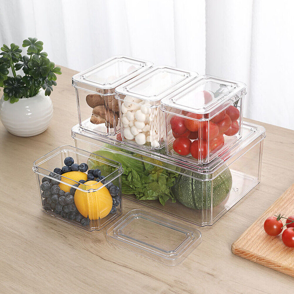 S/M/L Clear Plastic Fridge Storage Box Cupboard Organiser Fruit Veg Rack 3-10Pcs