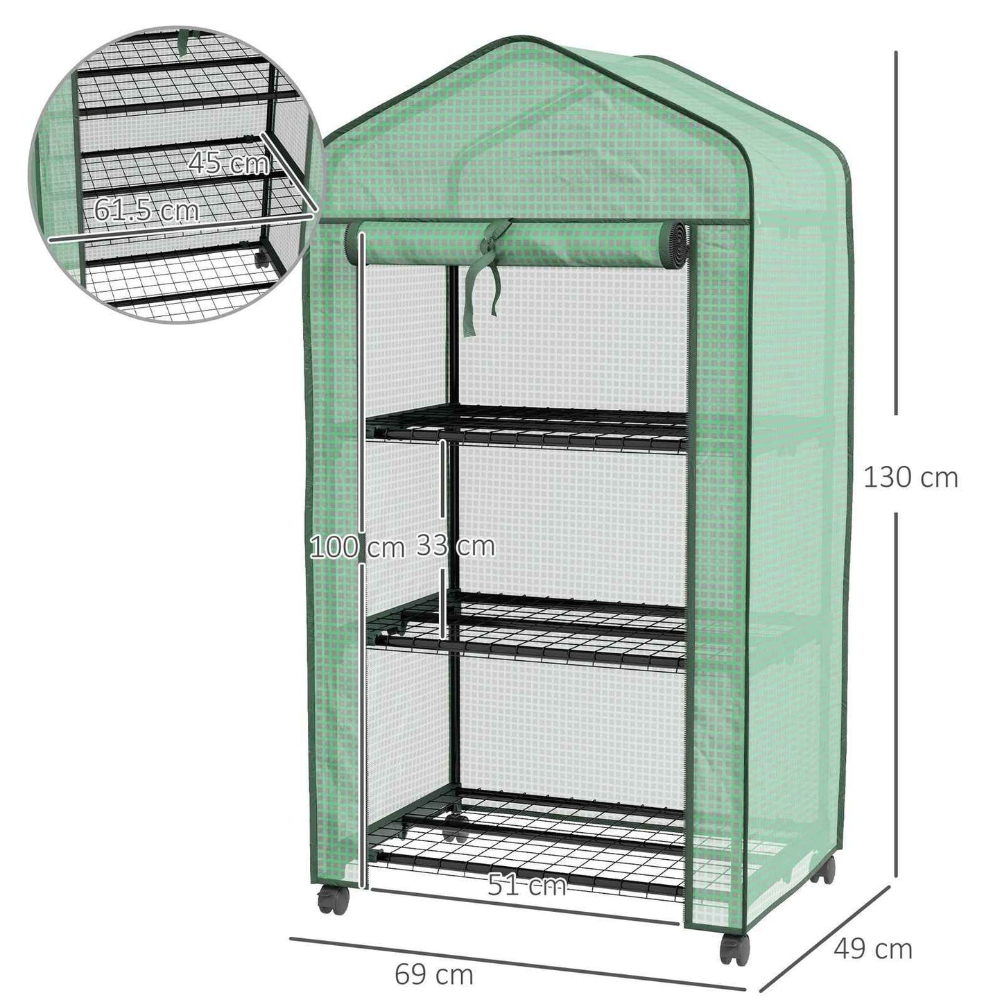 3 Tier Mini Greenhouse with Reinforced PE Cover, Small Greenhouse, Green