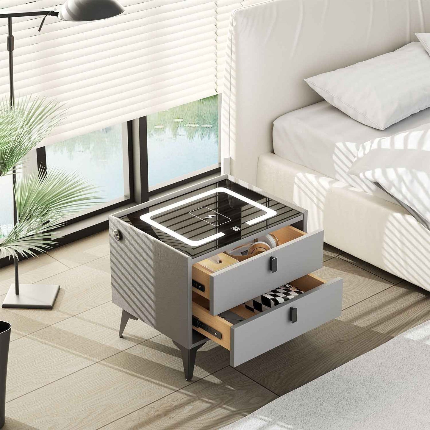 LED Bedside Table with 2 Drawers Cabinet Charging Station Nightstand Storage Gyd