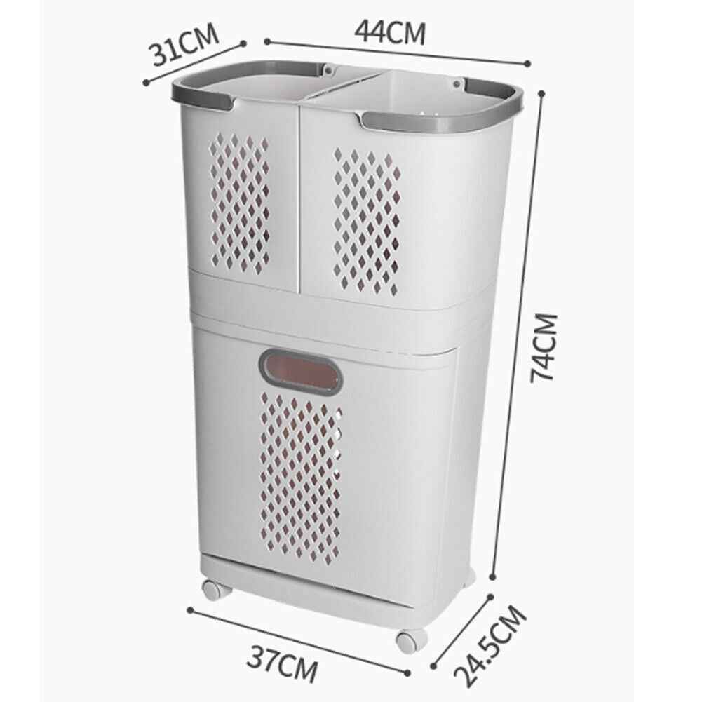 3 Compartment Storage Clothes Hamper Toy Bin Washing Laundry Basket On Wheels UK