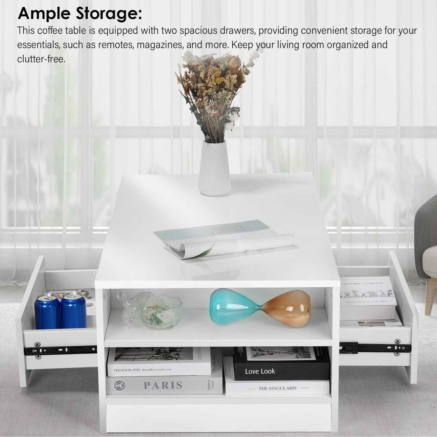 LED Coffee Table Wooden 2 Drawer Storage High Gloss Modern Living Room Furniture