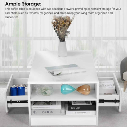 LED Coffee Table Wooden 2 Drawer Storage High Gloss Modern Living Room Furniture