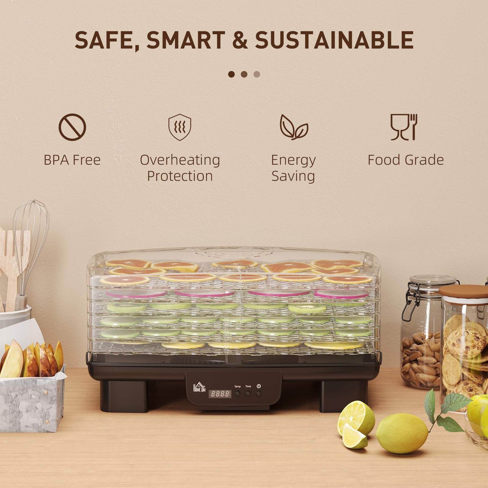 Food Dehydrator, 6 Tray Food Dryer Machine with Adjustable Temperature